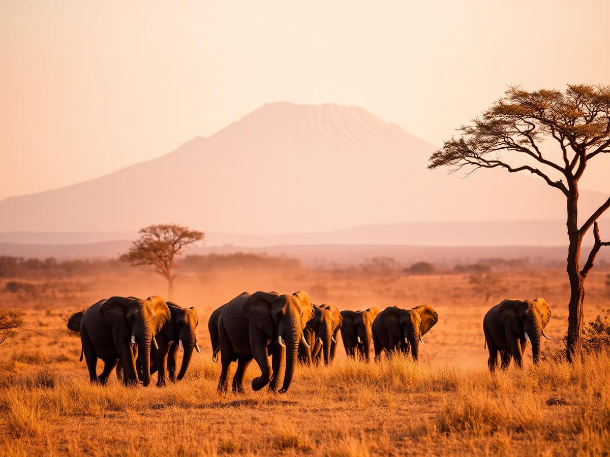 Elephant herd walking below Mount Kilimanjaro in Amboseli