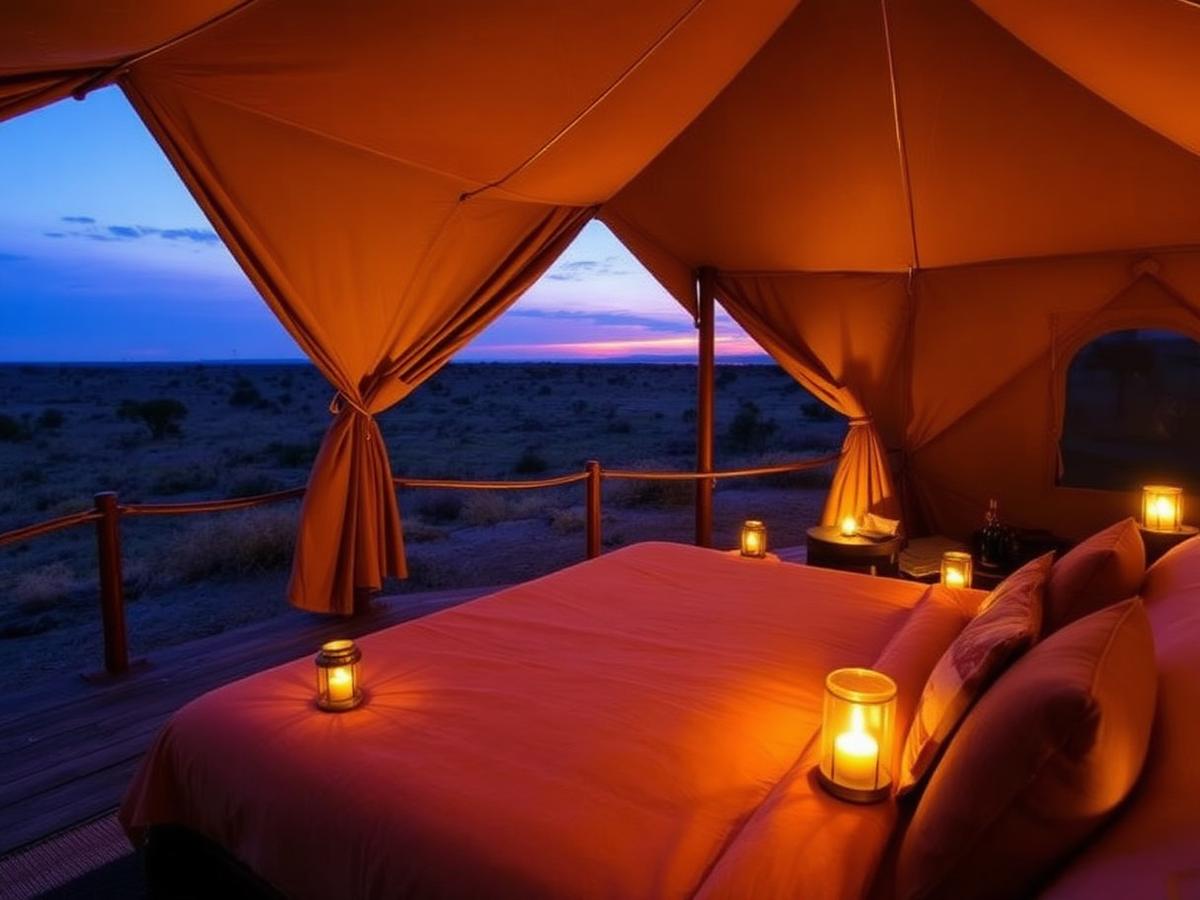 Lantern-lit luxury tented camp at dusk