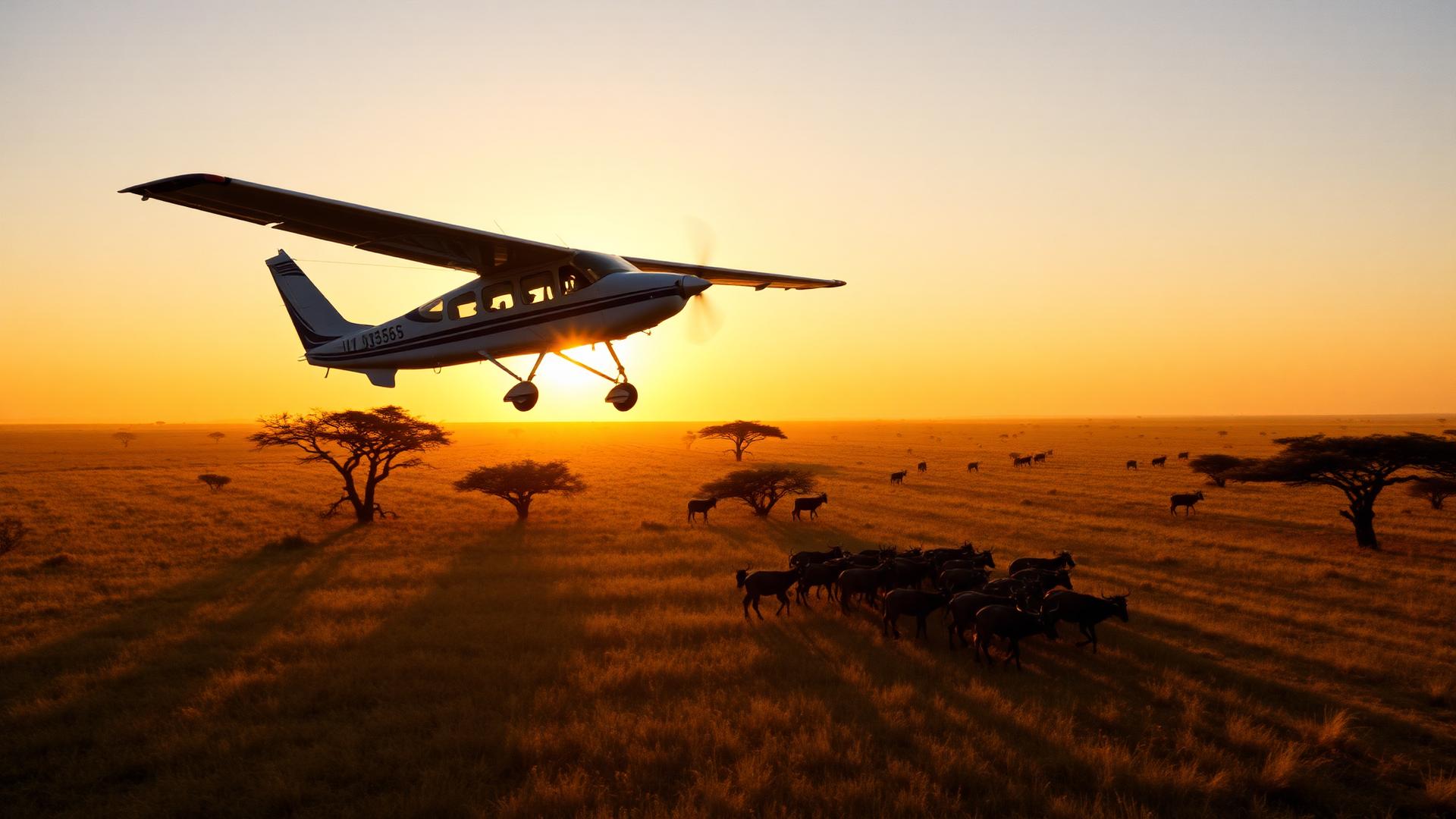 Safari charter plane flying over the Maasai Mara at sunrise