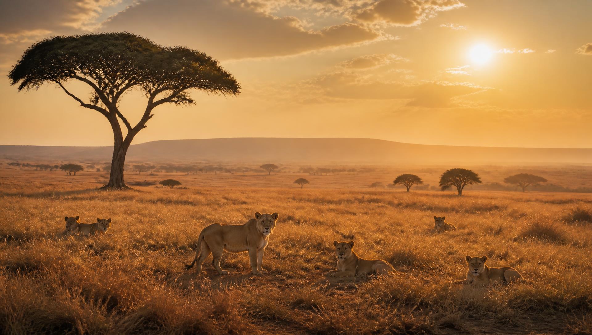 Lion pride at sunrise on the Maasai Mara plains