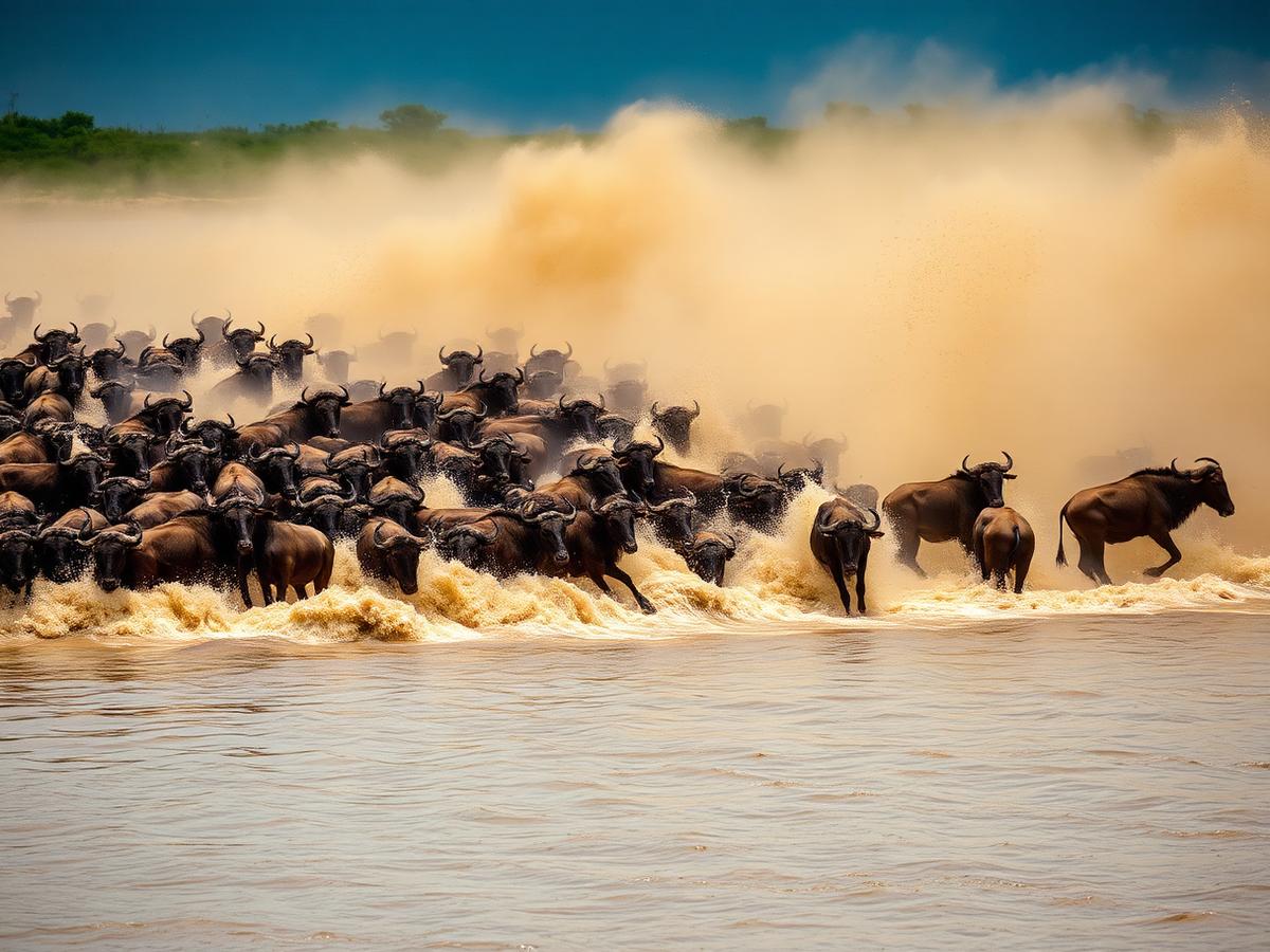 Wildebeest crossing the Mara River during the migration