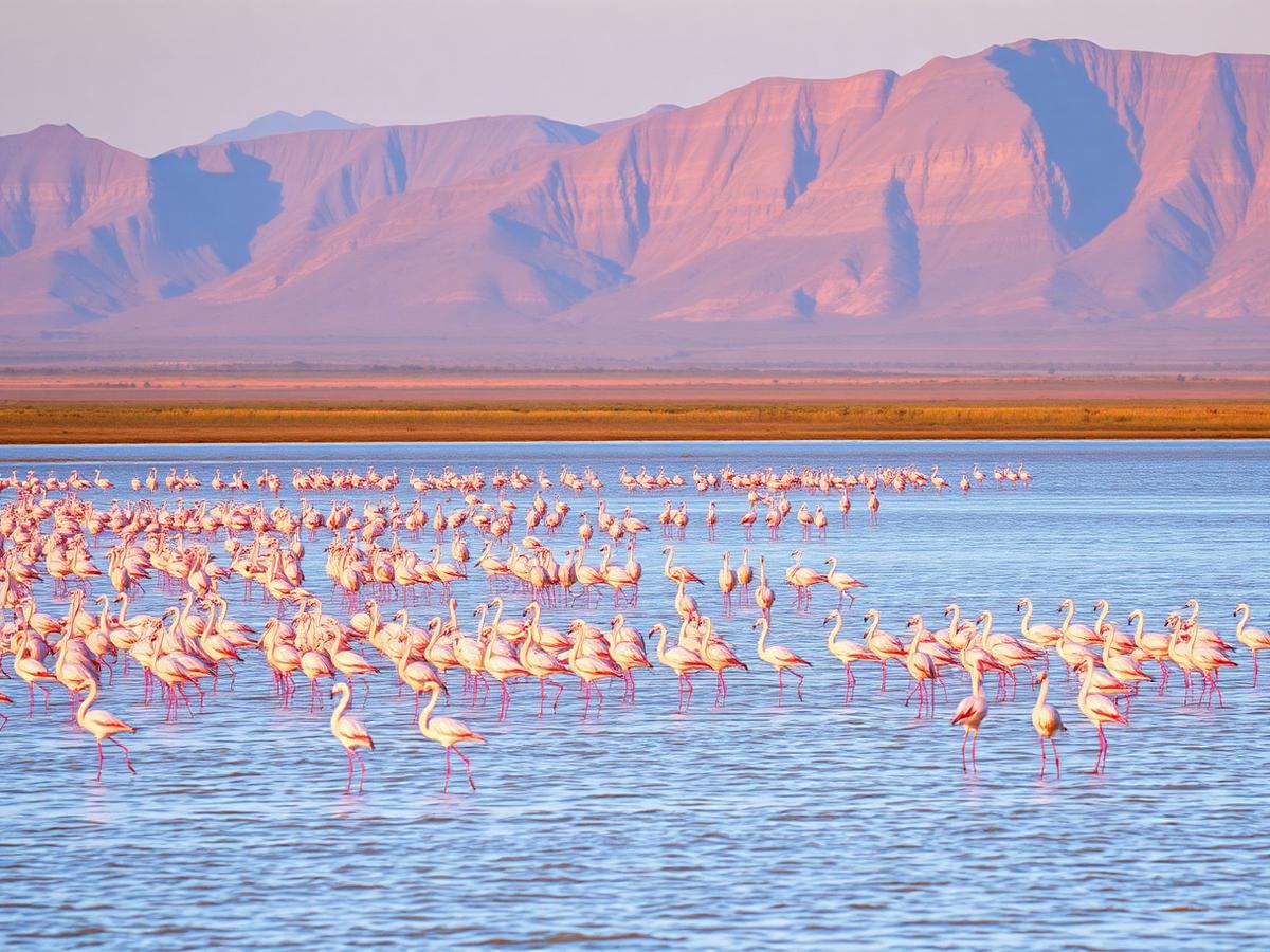 Flamingo flock on a Rift Valley soda lake